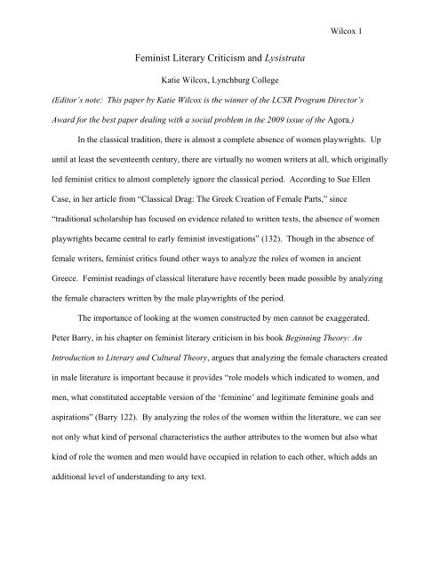 Feminist Literary Criticism And Lysistrata Agora