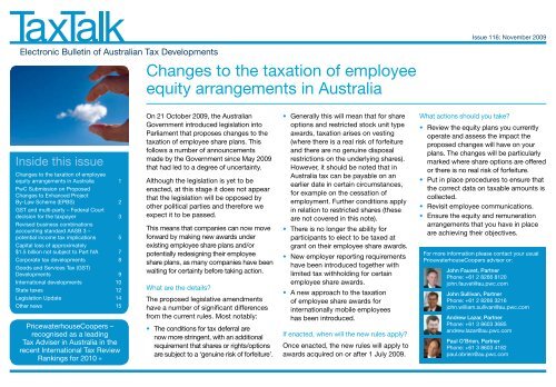 Changes to the taxation of employee equity arrangements in ... - PwC