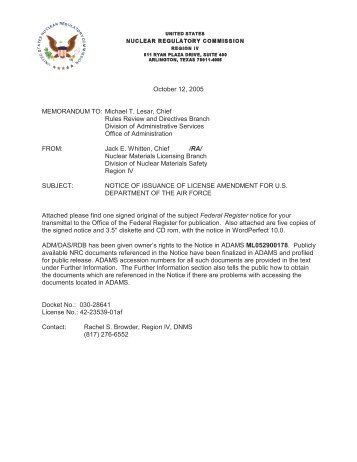 October 12, 2005 MEMORANDUM TO: Michael T. Lesar, Chief ...