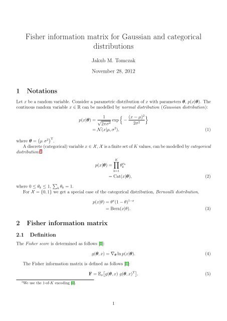 Fisher information matrix for Gaussian and categorical distributions