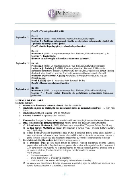 - 1 - Fundamentele psihanalizei Anul II, semestrul II - psihologietm.ro