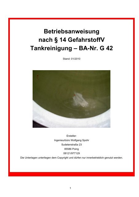 Betriebsanweisung nach § 14 GefahrstoffV Tankreinigung – BA-Nr ...