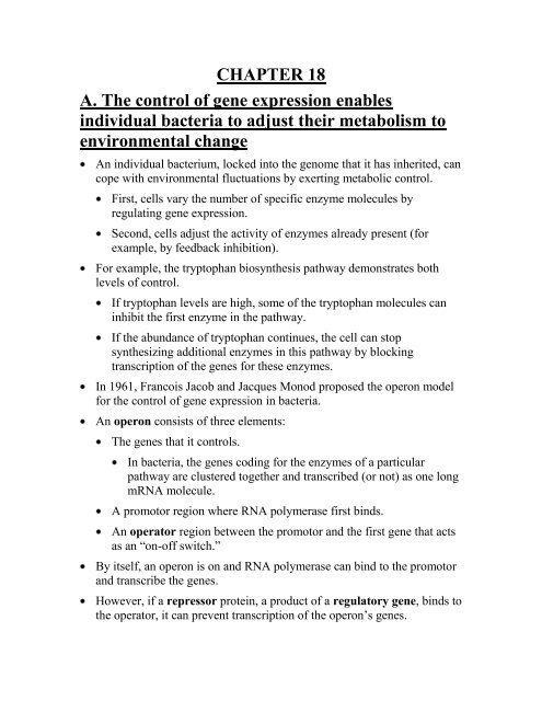 CHAPTER 18 A. The control of gene expression enables individual ...