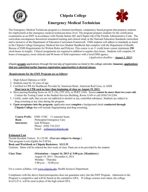 EMT Program application - Chipola College