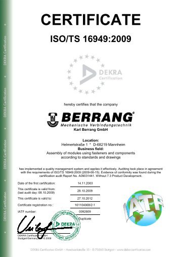 CERTIFICATE ISO/TS 16949:2009 - Berrang