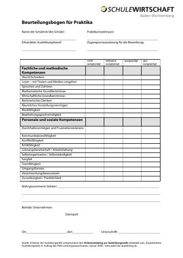 Beurteilungsbogen fÃƒÂ¼r Praktika - Schule Wirtschaft BW