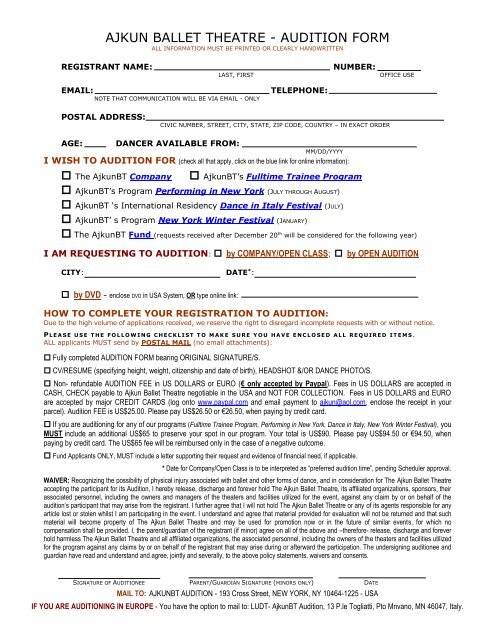 AJKUN BALLET THEATRE - AUDITION FORM