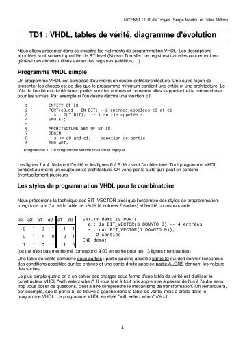 TD1 : VHDL, tables de vérité, diagramme d'évolution