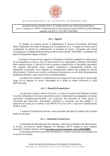 BANDO DI SELEZIONE PER L'ATTRIBUZIONE DI ASSEGNI DI ...