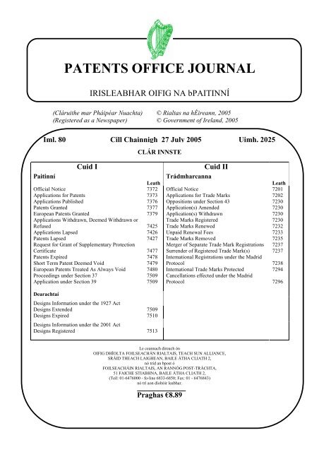 PATENTS OFFICE JOURNAL - Irish Patents Office