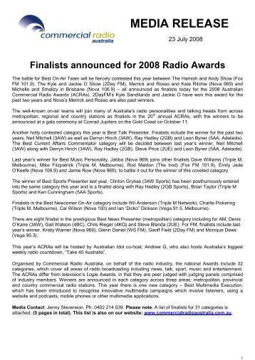 Finalists announced for 2008 Radio Awards - Commercial Radio ...