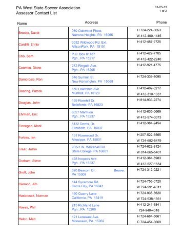 2013 Assessor Contact List - PA West Soccer Association