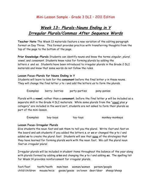 Week 13 Plurals Nouns Ending In Y Irregular Plurals Commas After