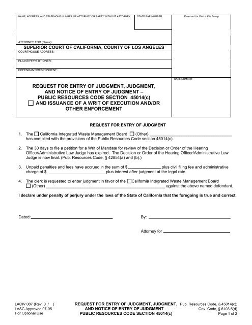 request for entry of judgment, judgment, and - Superior Court of ...