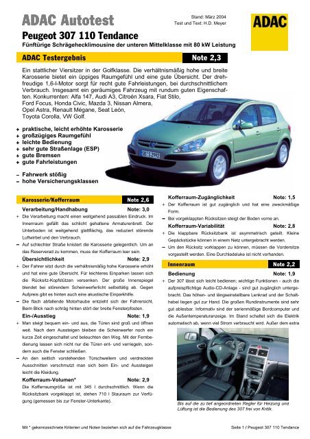 Umfassender Test Peugeot 307 110 Tendance - ADAC