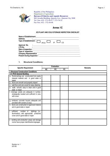 Ice Plant and Cold Storage Inspection Checklist - Bureau of ...