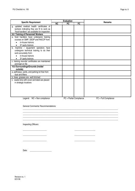 Cold Store Checklist FIU Checklist