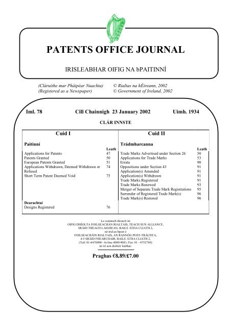 PATENTS OFFICE JOURNAL - Irish Patents Office