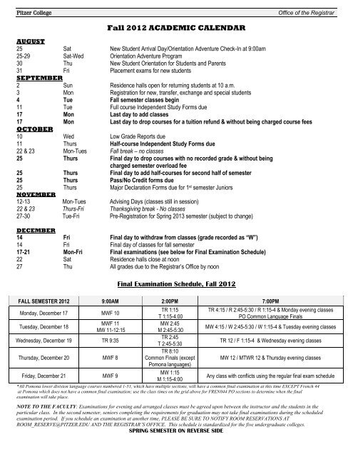 Fall 2012 ACADEMIC CALENDAR - Pitzer College Fall 2012 ACADEMIC CALENDAR - Pitzer College