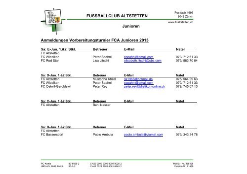 Junioren FUSSBALLCLUB ALTSTETTEN ... - FC Altstetten