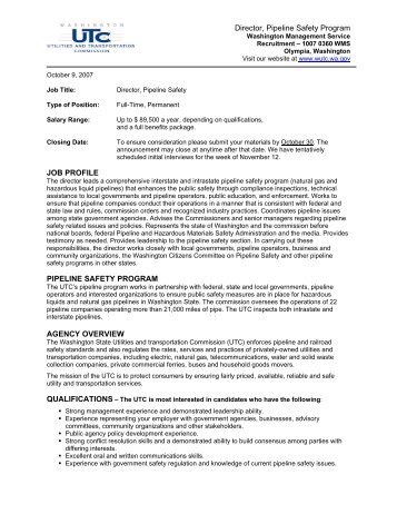 Director, Pipeline Safety Program JOB PROFILE PIPELINE SAFETY ...