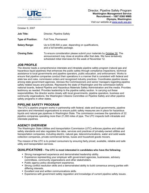 Director, Pipeline Safety Program JOB PROFILE PIPELINE SAFETY ...