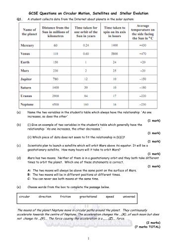 GCSE Questions on Circular Motion, Satellites and ... - Cyberphysics