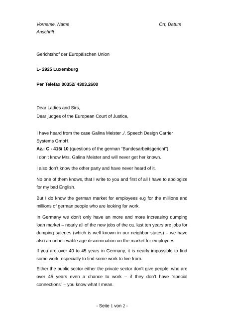 Vorname Name Ort Datum Anschrift Gerichtshof Der Europaischen
