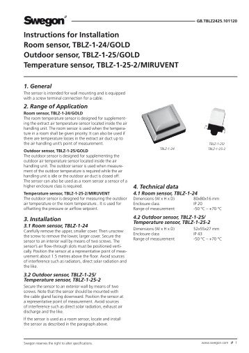 Instructions for Installation Room sensor, TBLZ-1-24 ... - Swegon