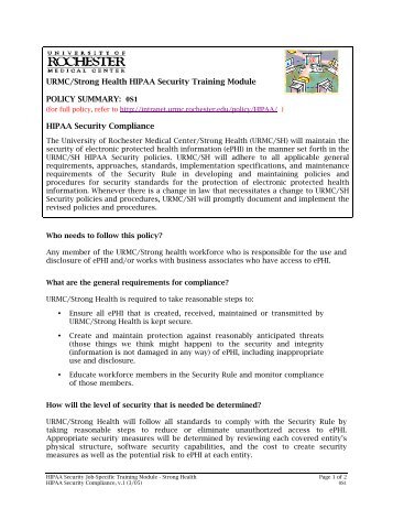 URMC/Strong Health HIPAA Security Training Module POLICY ...