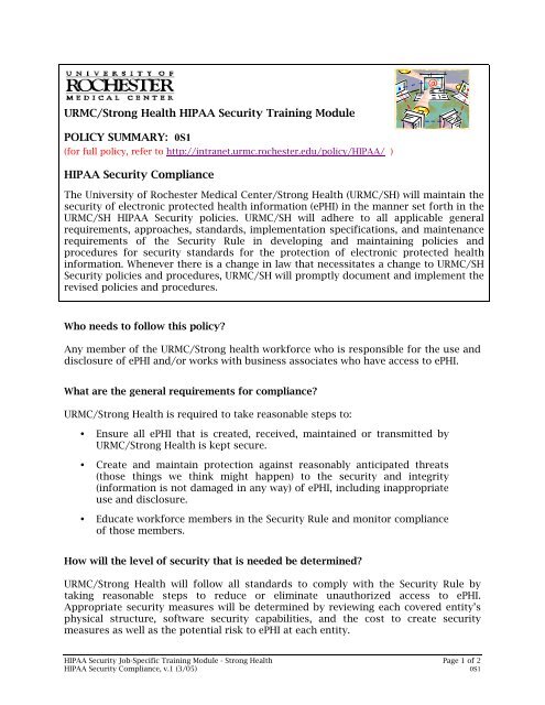 Urmc Strong Health Hipaa Security Training Module Policy
