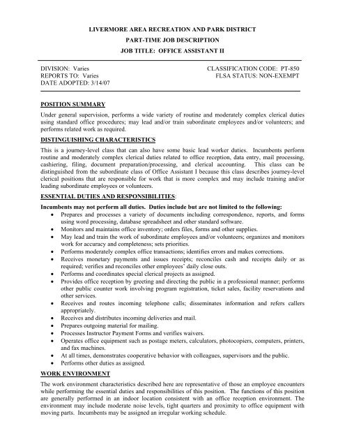 Office Assistant II - Livermore Area Recreation and Park District