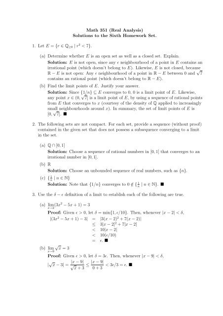 Math 351 (Real Analysis) Solutions to the Sixth Homework Set. 1 ...