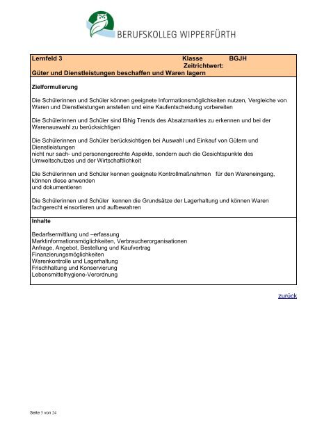 Berufsgrundschuljahr Ernährung und Hauswirtschaft, 1. Halbjahr