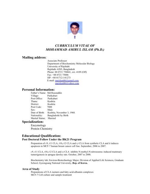 Curriculum Vitae Of Mohammad Amirul Islam Ph D