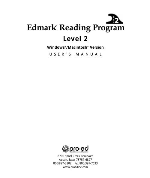 Edmark Reading Program Level 2 Software User Manual - Pro-Ed