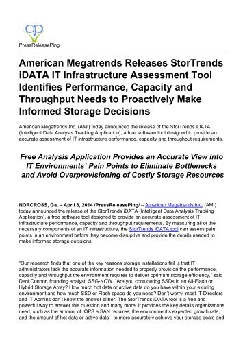 American Megatrends Releases StorTrends iDATA IT Infrastructure Assessment Tool Identifies Performance, Capacity and Throughput Needs to Proactively Make Informed Storage Decisions