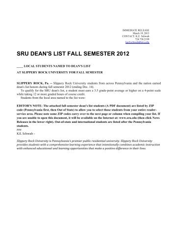 SRU DEAN'S LIST FALL SEMESTER 2012 - Slippery Rock University