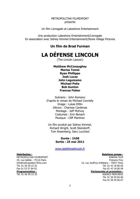 La DÃ©fense Lincoln - dossier de presse - La Ferme du Buisson