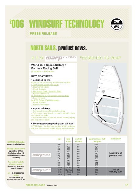 North F2006 sail information