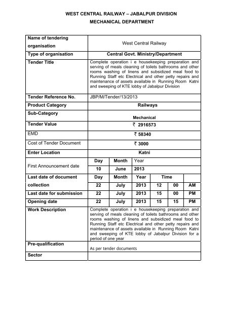 West Central Railway A A A Jabalpur Division Mechanical