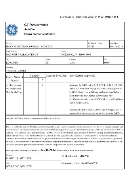 Ge Aircraft Engines Special Process Certification Gt 193 Haynes