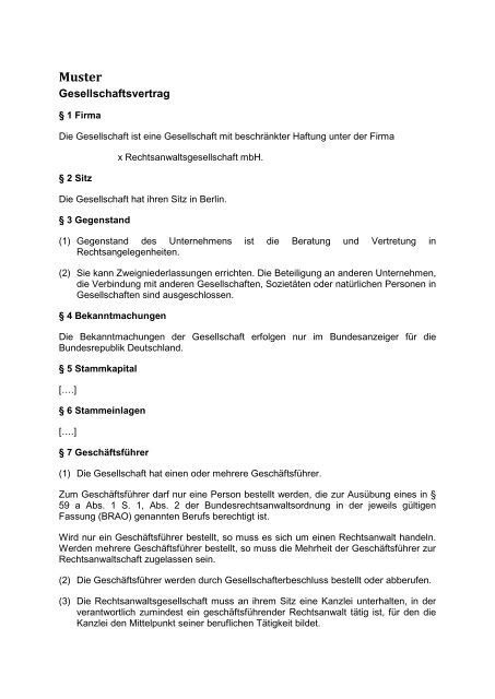 Muster fÃ¼r einen GmbH-Vertrag | PDF
