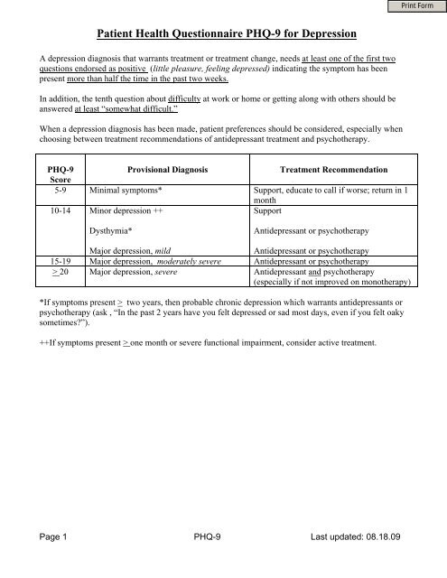 Patient Health Questionnaire Phq 9 For Depression Ucare