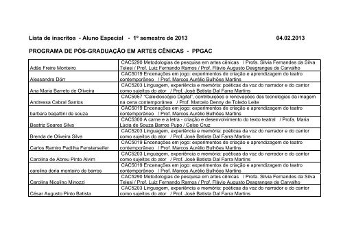 Lista de inscritos - Aluno Especial - 1Âº semestre de 2013 ... - ECA-USP