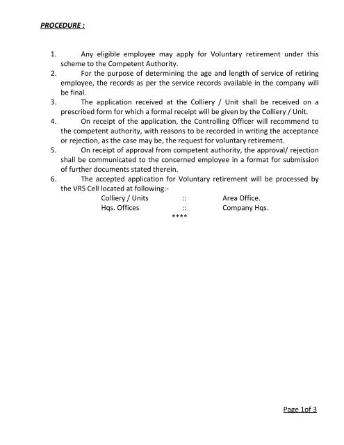 Voluntary Retirement Scheme CCL