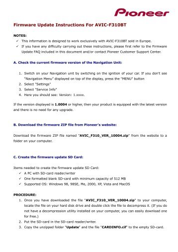 firmware update instructions for avic f310bt pioneer europe
