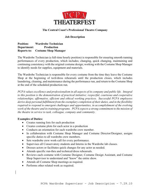 Pcpa Wardrobe Supervisor A Job Description A 7 29 10 The