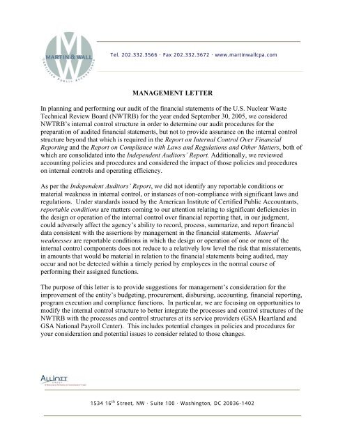 MANAGEMENT LETTER In Planning And Performing Our Audit Of The 