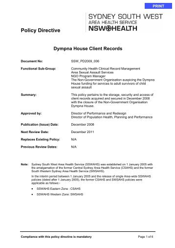 Dympna House Client Records - Sydney South West Area Health ...